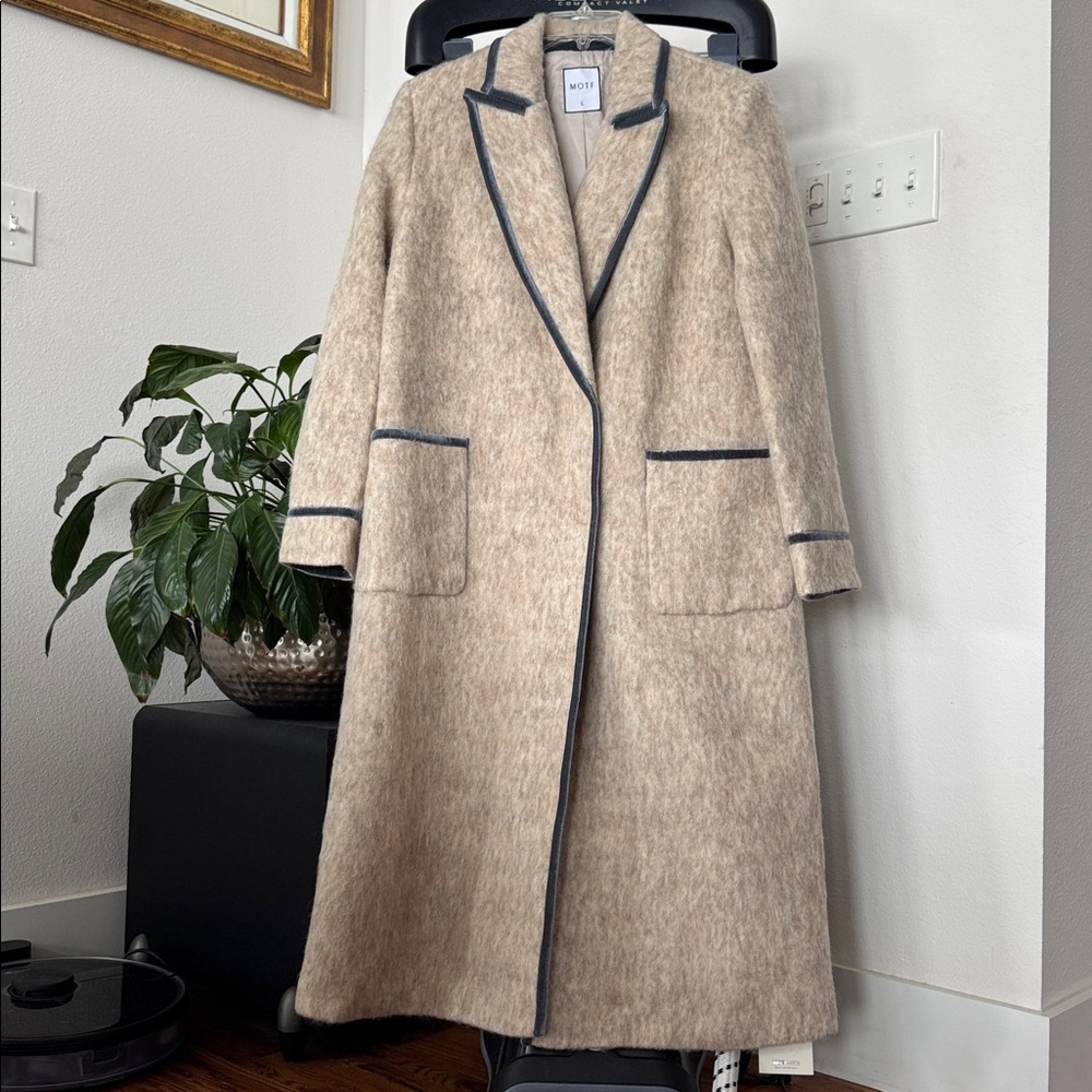 Motf Wool Blend Beige Ivory Long Duster Coat/Jacket Sz L Blue Velvet Trim - Picture 2 of 14